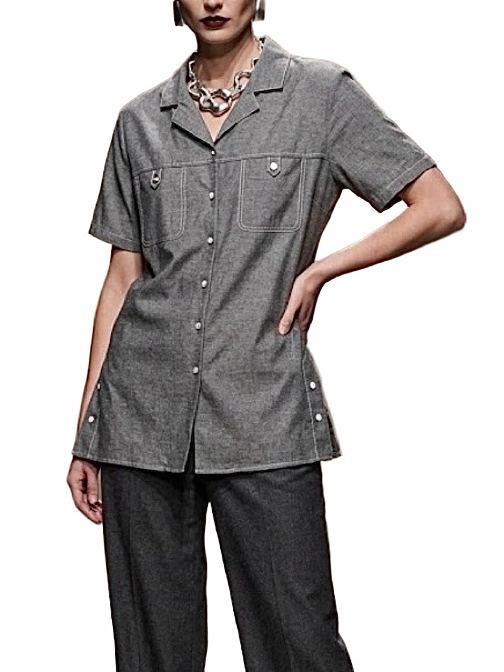Vintage 80s 90s grey button up button back short sleeve minimalist tunic top